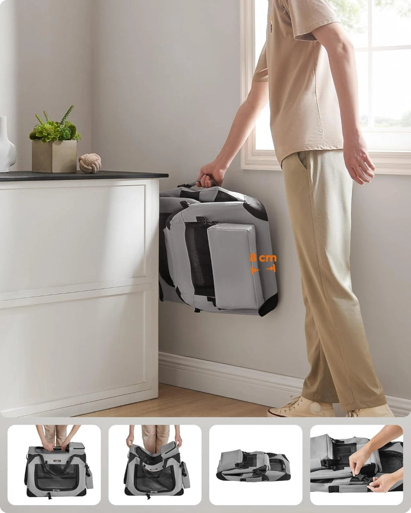 Feandrea PDC060G02 - Contenitore pieghevole per cani, M, in tessuto Oxford, con rete, traspirante, portatile, telaio in metallo, con manici, tasche, 60 x 42 x 42 cm, grigio fumo