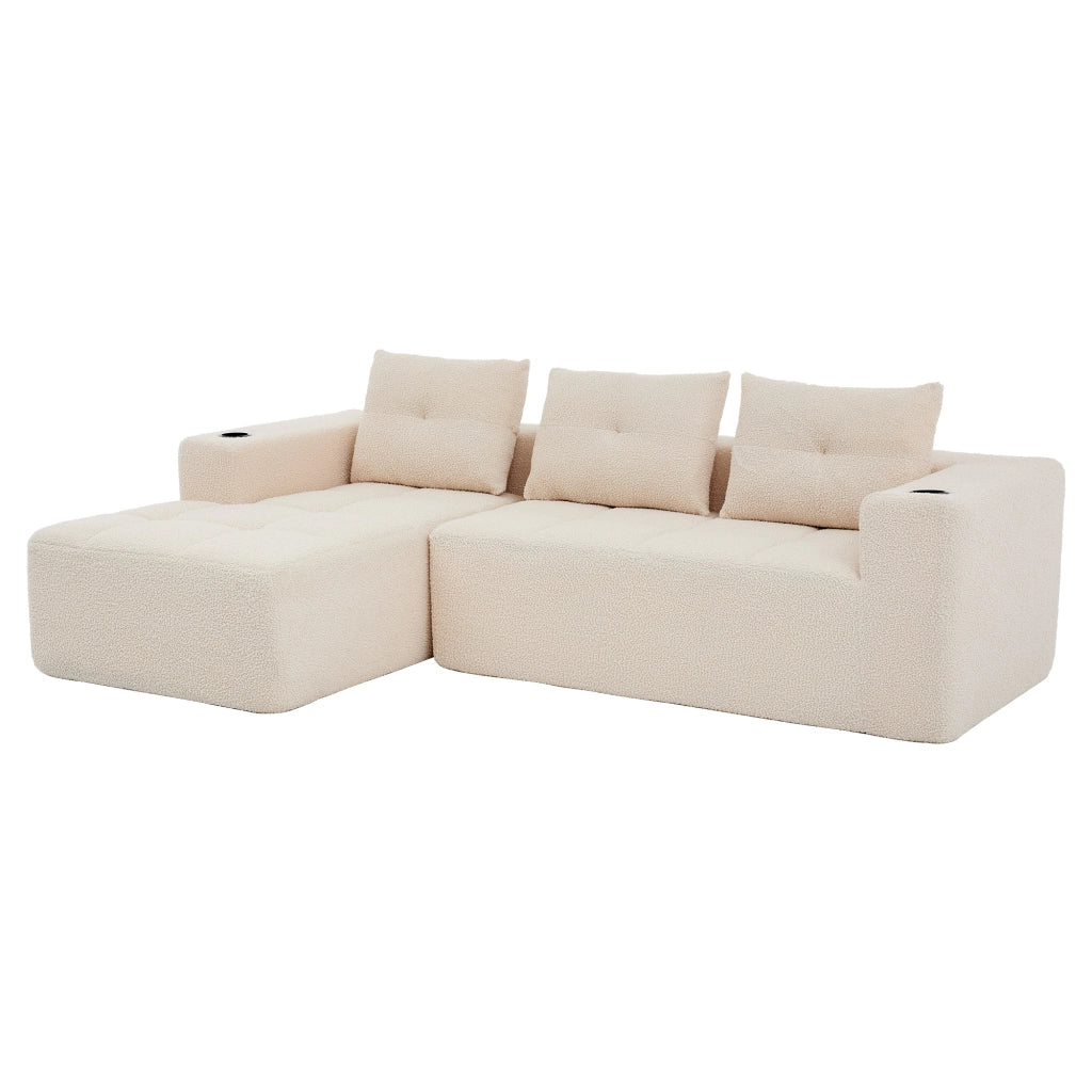 Divano ad angolo 4-5 posti con portabicchieri in poliestere beige 258 cm
