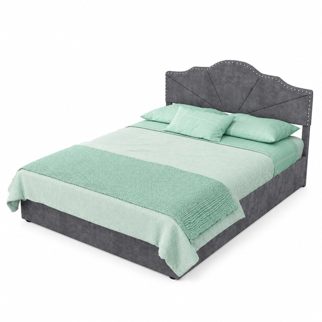 Letto matrimoniale 140x200 cm in tessuto grigio con testiera geometrica
