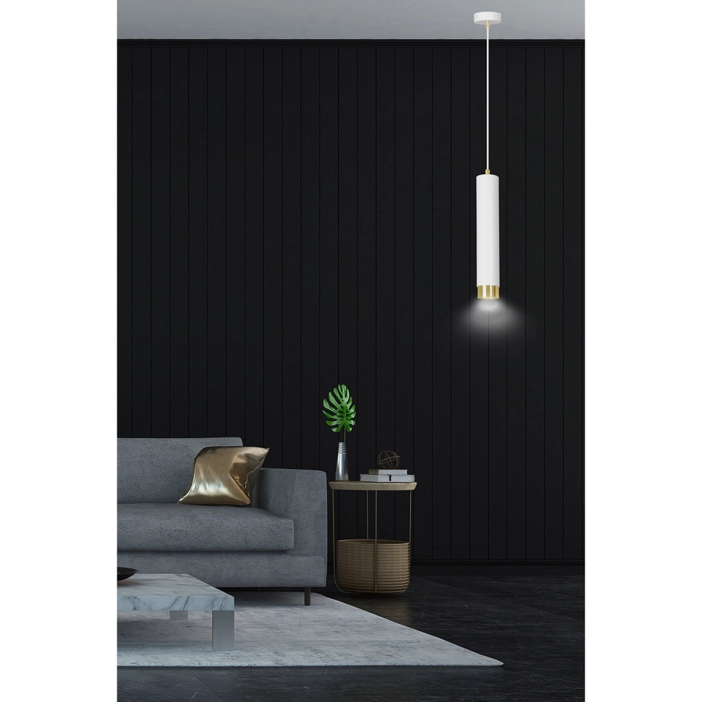 Sospensione 1 Luce Brunilde In Acciaio Bianco Con Tubolare In Bianco E Oro