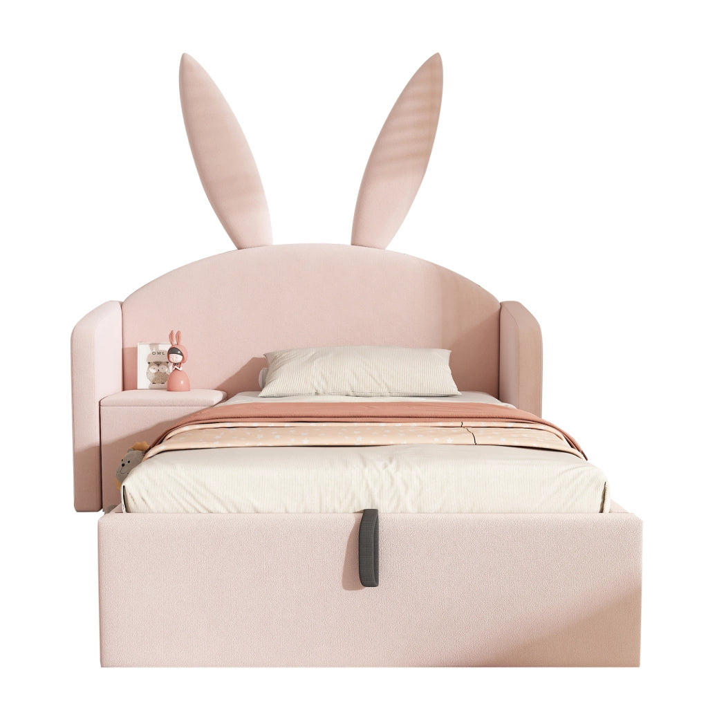 Letto Contenitore per Bambini 90 x 200 cm con Comodino e Testiera Imbottita - Rosa