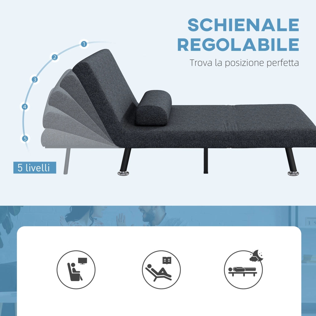Poltrona Letto 3 in 1 con Schienale Regolabile e Cuscino, in Tessuto Effetto Lino e Acciaio, Grigio Scuro