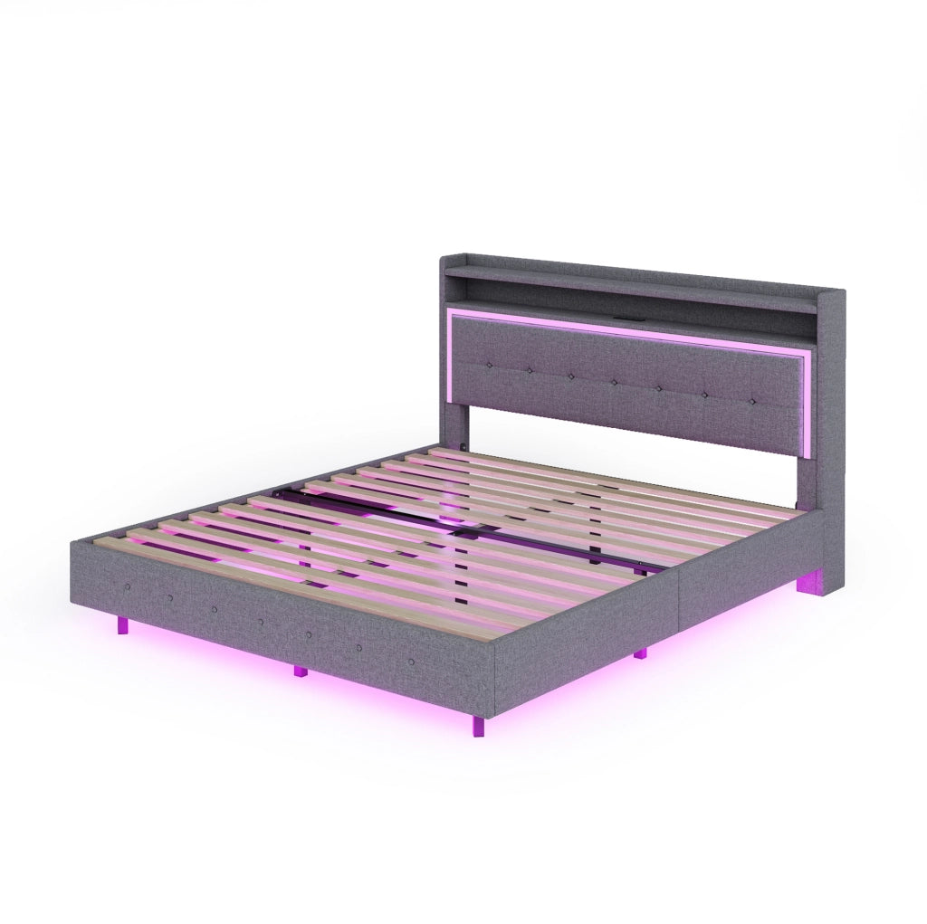 Letto imbottito 140x200 cm grigio in tessuto con USB e luci LED