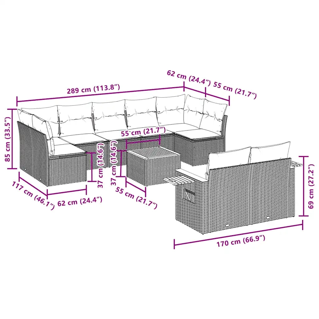 Set Divani da Giardino 10 pz con Cuscini Nero in Polyrattan