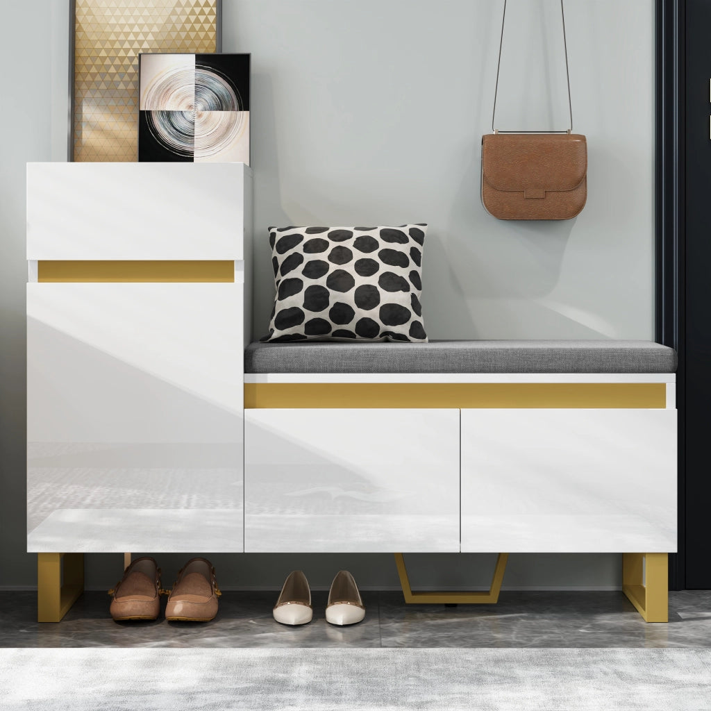 OKWISH Scarpiera con 2 Ante, 1 Cassetto e Panca Imbottita, Mobile per Ingresso in MDF Bianco, 120 x 35 x 85 cm