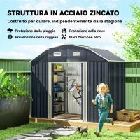 Capanno Porta Attrezzi con Ripiani Regolabili e 2 Finestre, in Acciaio Zincato, 238x132x198.5 cm, Grigio Scuro