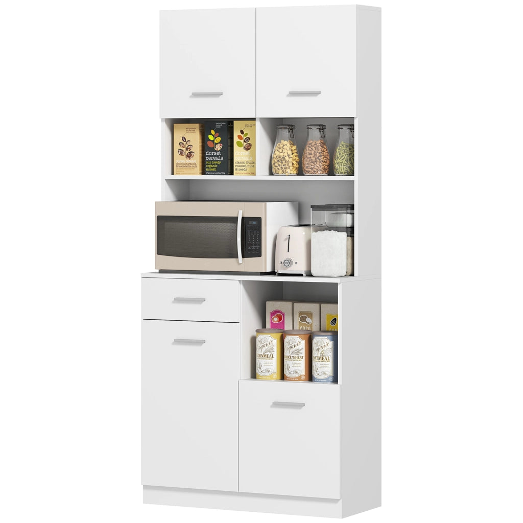 Mobile Dispensa in Legno con Cassetto, 4 Armadietti e 3 Ripiani Aperti, 80x35x180 cm, Bianco