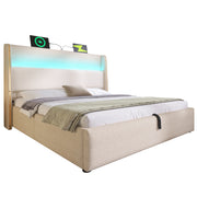 Letto Contenitore 140x200 cm; LED; USB e Type-C in Lino Beige