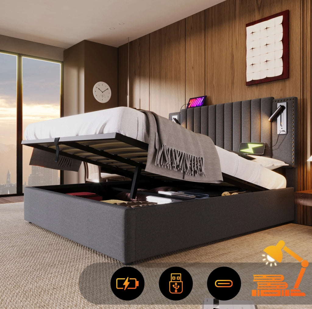 Letto matrimoniale 140x200 con contenitore, USB, luce e materasso