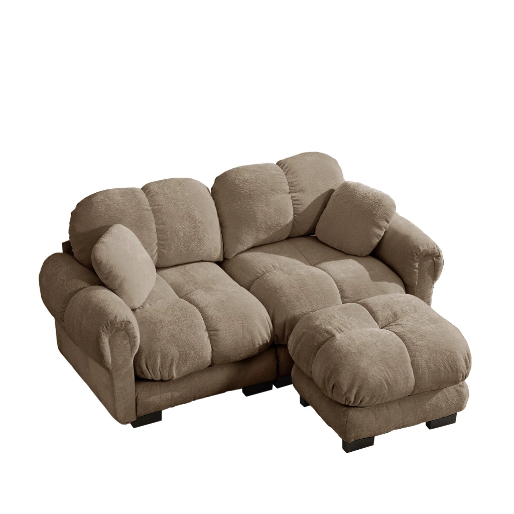 Divano angolare modulare 2 posti con pouf mobile e cuscini trapuntati in chenille marrone
