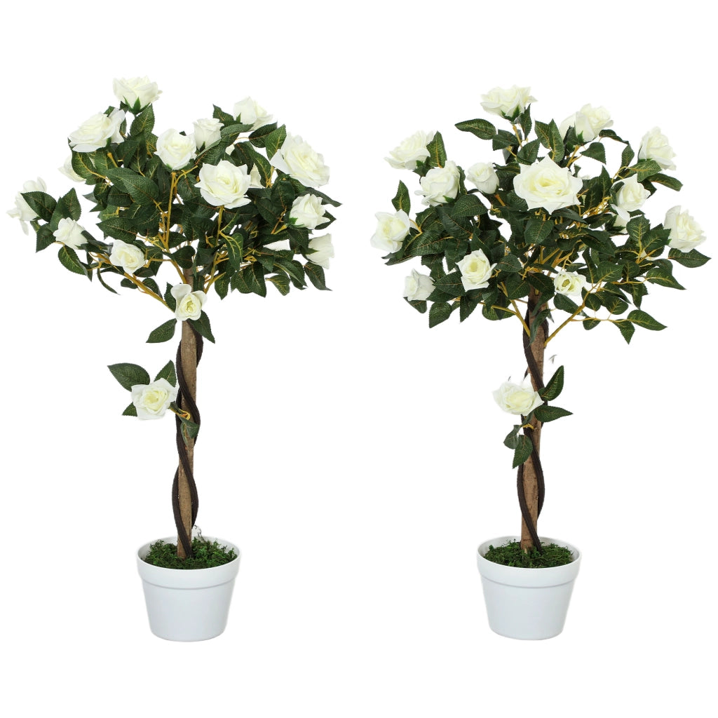 Pianta Finta di Rosa da 21 Fiori con Vaso Ø18x90 cm Riempito in Cemento e Muschio Bianco