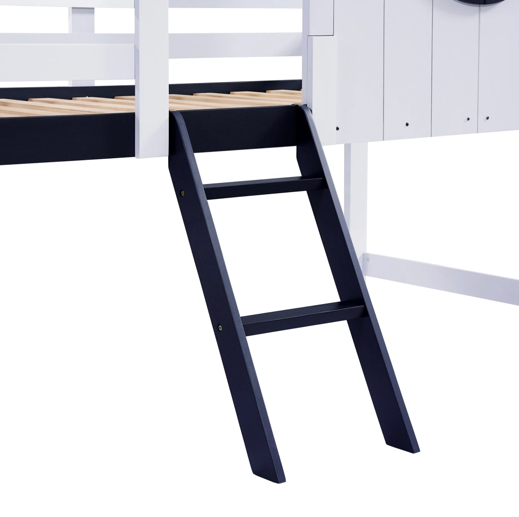 Letto a soppalco 90x200 cm con tetto; finestra; cassetto e scala in legno e MDF bianco e blu