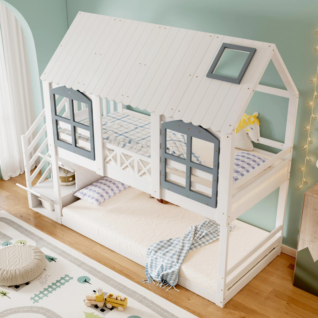 Letto a castello per bambini 90x200 cm con tetto, finestre e scala contenitore