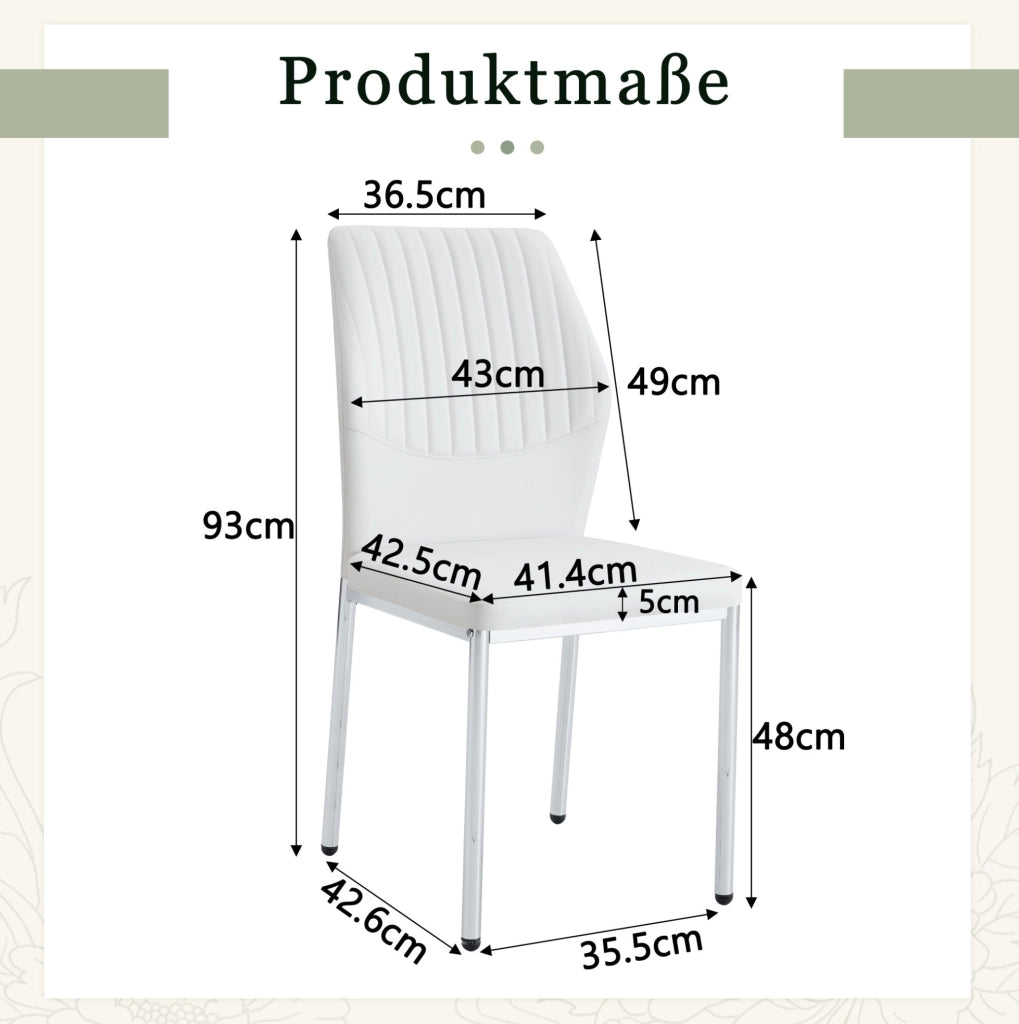Set di 4 sedie da pranzo moderne in PU bianco e metallo argento; schienale alto 93 cm