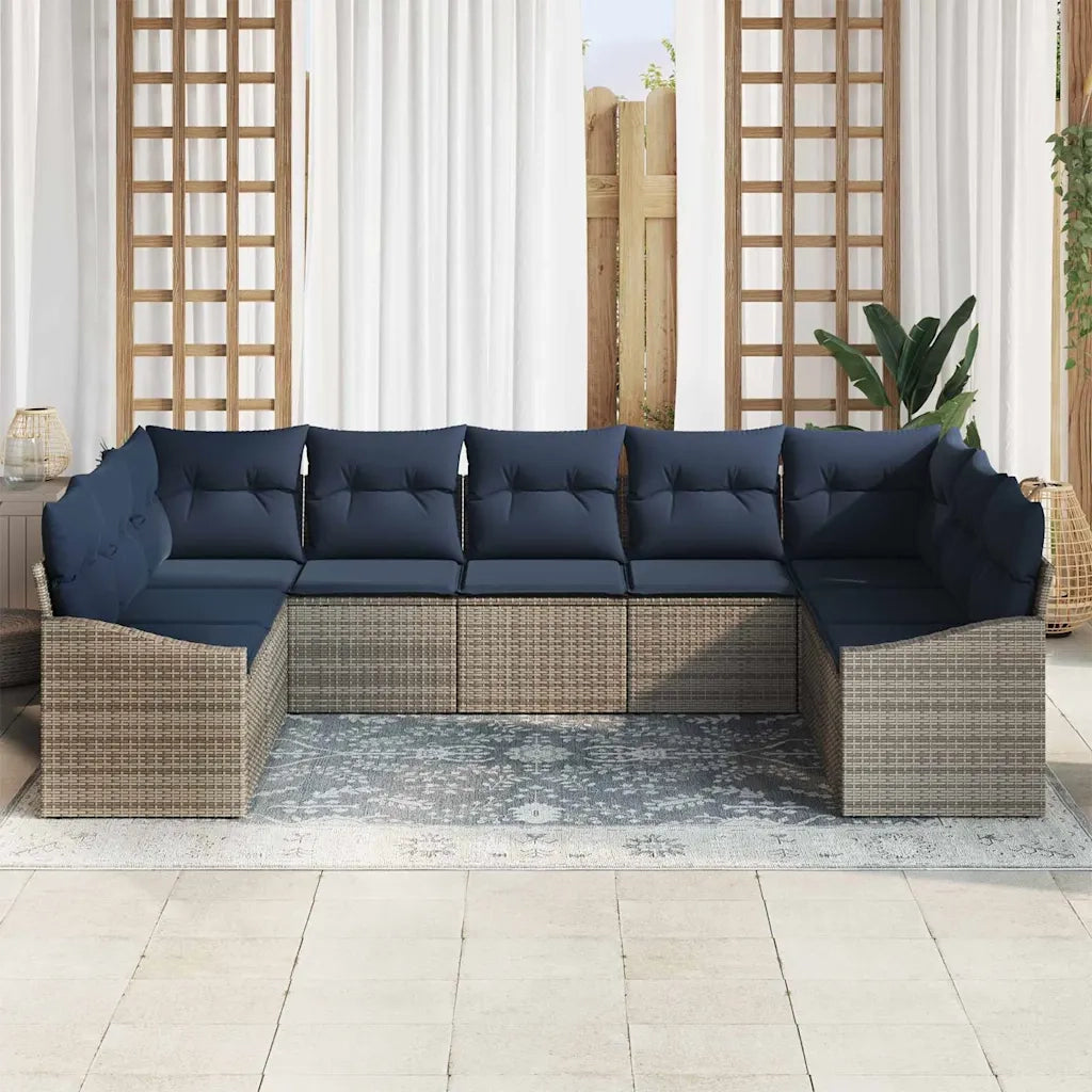 Set Divano da Giardino 9 pcs Grigio e Blu Navy polyrattan