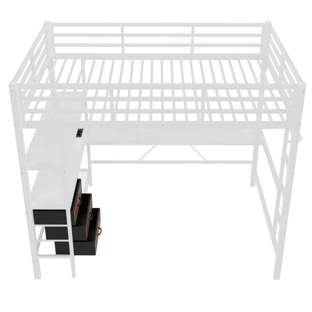 Letto a soppalco 140x200 cm con scrivania; LED; cassetti in metallo e MDF bianco