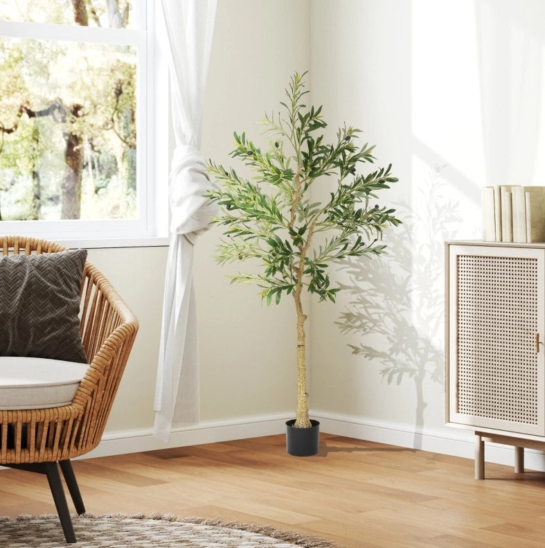 Ulivo artificiale 100x18x18 cm con 720 foglie e 32 olive in plastica verde