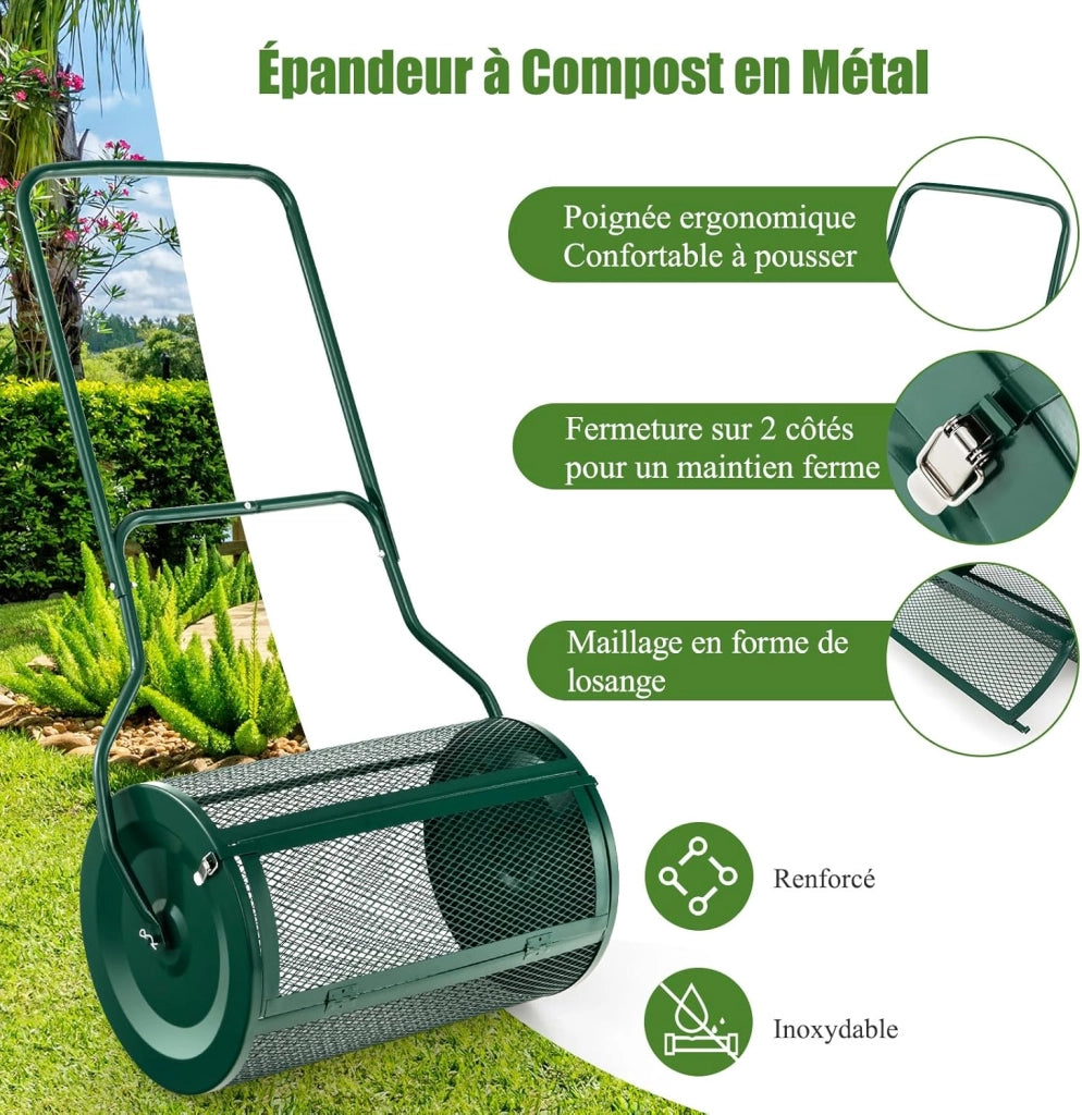 Rullo Spargiconcime Prato da 80L, Spargiconcime a Rullo Ø39 x 68 cm con Manico e Cestello in Rete Metallica, Spargiterriccio da Giardino per Concimazione e Semina (Verde)