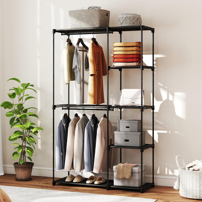 Armadio Guardaroba Portatile con 2 Aste e 6 Ripiani 111x43x185 cm in Tessuto Plastica e Acciaio Nero