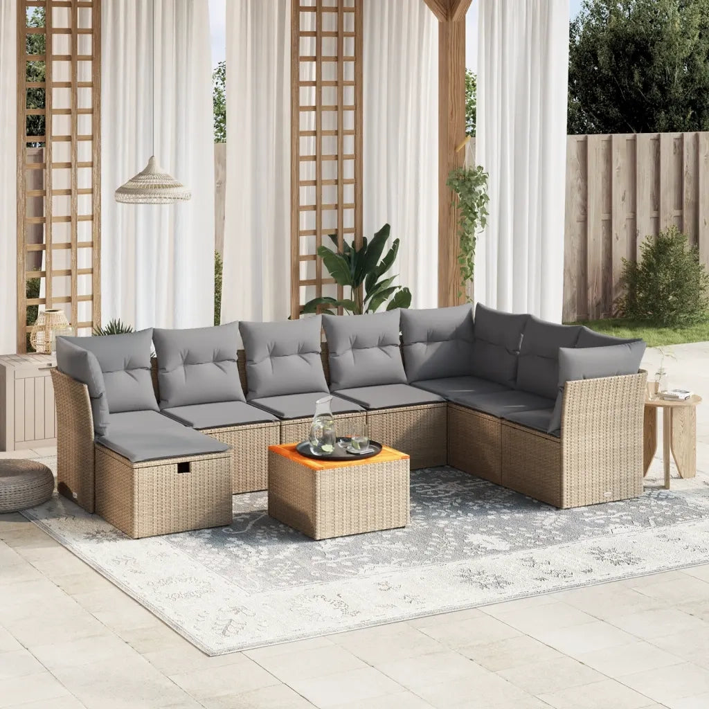 Set Divano da Giardino 9 pz con Cuscini Beige Misto Polyrattan
