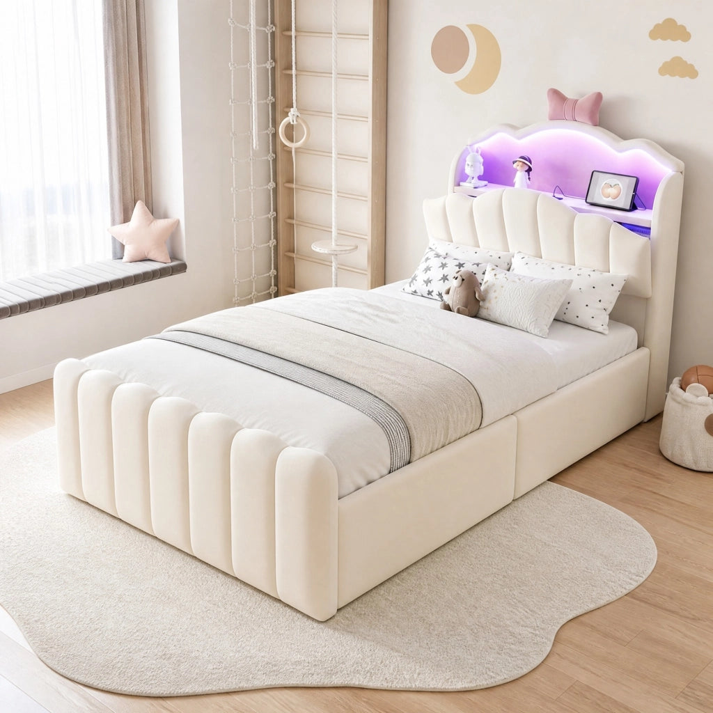 Letto per bambini imbottito 90x200 cm con contenitore idraulico; LED; USB e USB-C; beige
