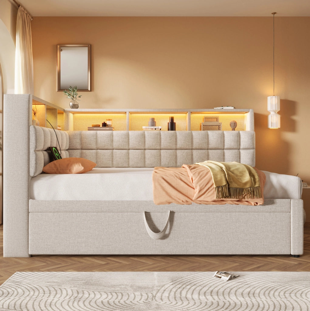 Letto imbottito con letto estraibile 90x200 cm; LED; Bluetooth; USB e Type-C; beige