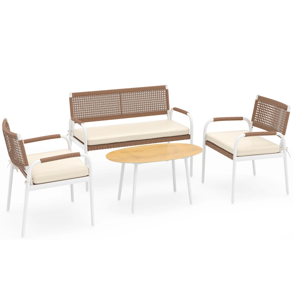 Set patio 4 pz divanetto rattan pe 2 poltrone cuscini morbidi, Set tavolo vetro temperato divani esterni balcone veranda giardino cortile