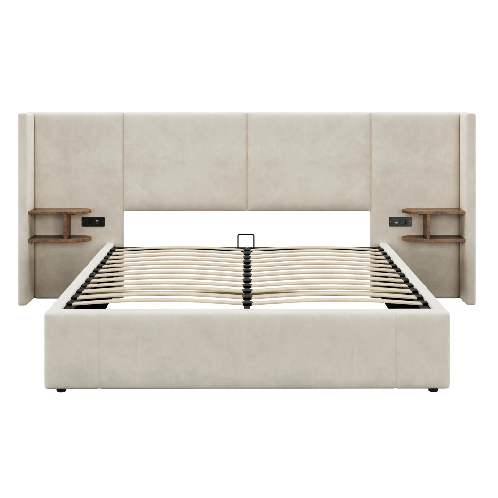 Letto imbottito 160x200 cm in velluto beige con contenitore idraulico, 2 comodini, USB e prese, rete a doghe