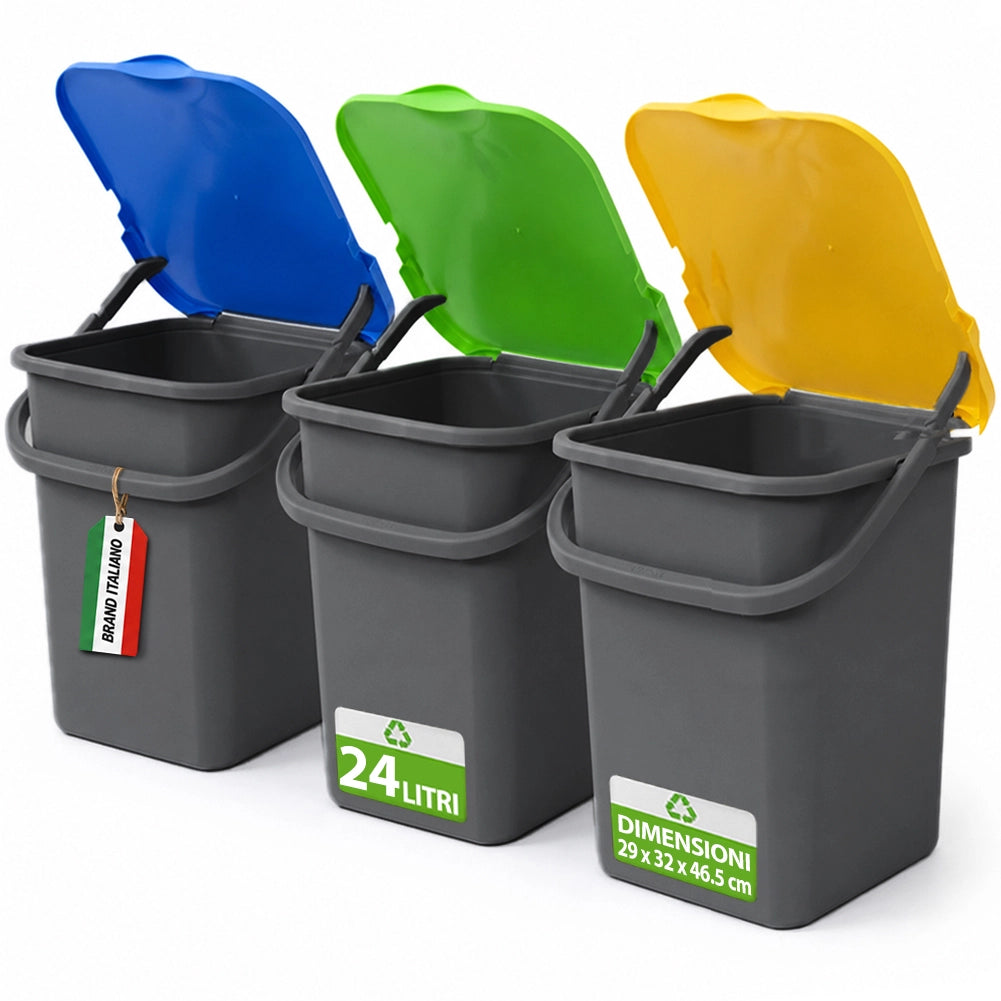 Set 3 Pattumiere Bidoni 32x29x46,5cm Premi Plus 24L Apertura Push Raccolta Differenziata in Plastica Grigio