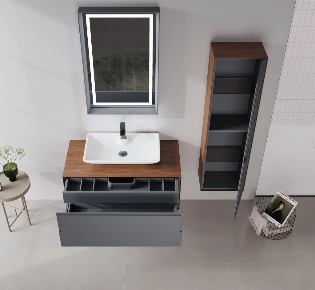 Set mobile lavabo con specchio (2 pezzi) "Craft 100" - 100 x 50 x 40 cm - Noce / Antracite / Bianco