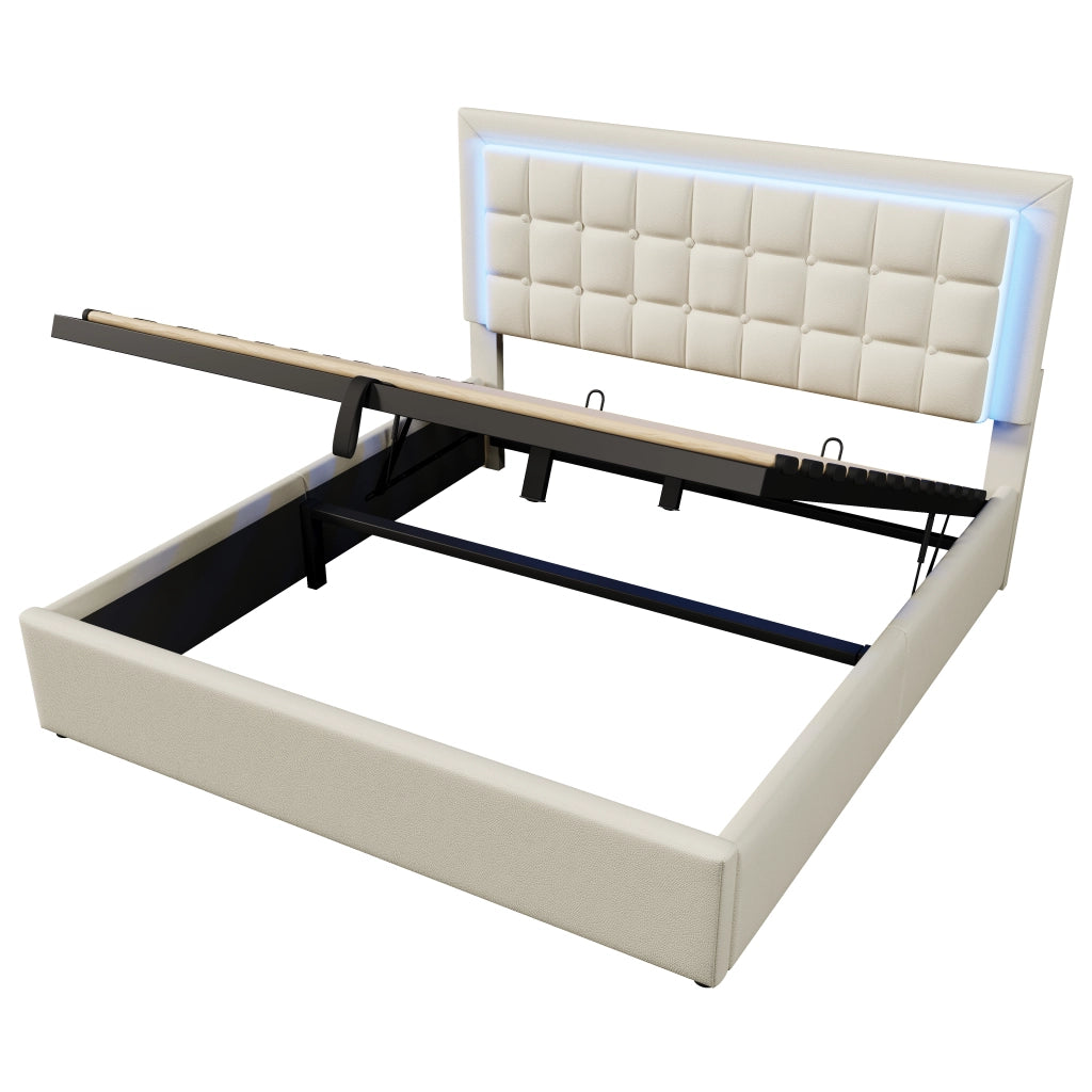 Letti contenitori 140x200 cm; LED e vano portaoggetti; PU bianco (Senza materasso)