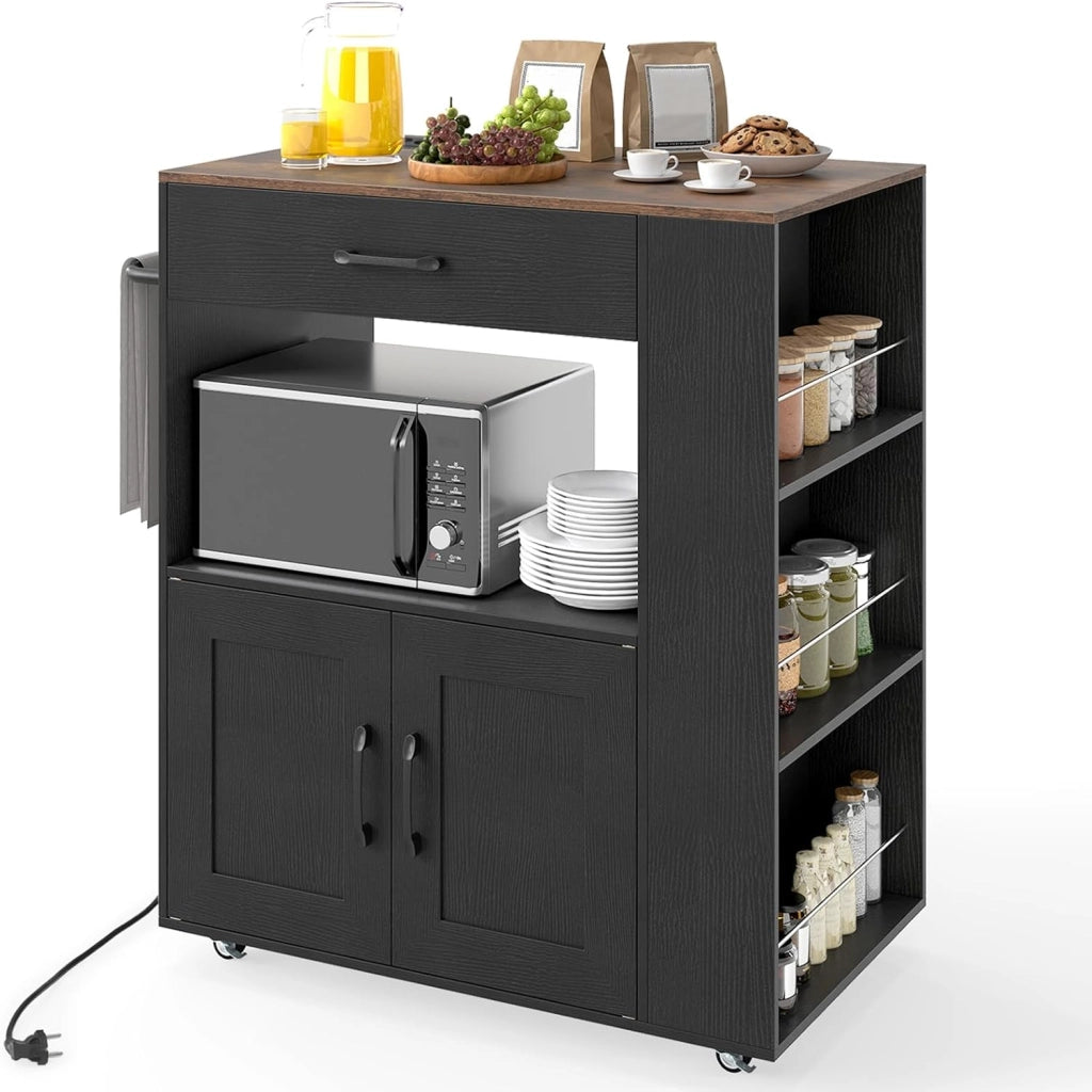 Carrello da Cucina con Ruote, Isola da Cucina con 3 Portaspezie 1 Cassetto Armadietto a 2 Porte, Carrello Portaoggetti con Portasciugamani, 82x46x92 cm (Bianco, con presa)