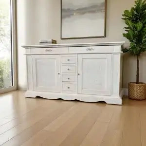 Credenzone madia Alberta in legno 2 ante e 6 cassetti bianco anticato con rilievo