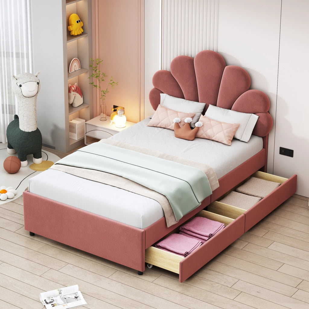 OKWISH Letto Bambini 90×200 cm, Letto Singolo con 2 Cassetti, Testiera Imbottita, 2 Vani e Velluto, senza Materasso, Rosa