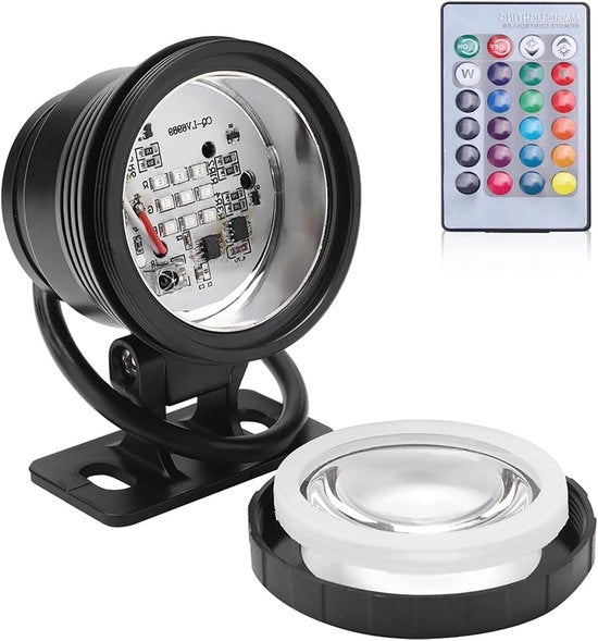 Illuminazione LED subacquea - RGB - Impermeabile - Illuminazione esterna - Comando a distanza - Lampada da giardino - Adatta per piscina - Scatola in alluminio nero 12V 10W.
