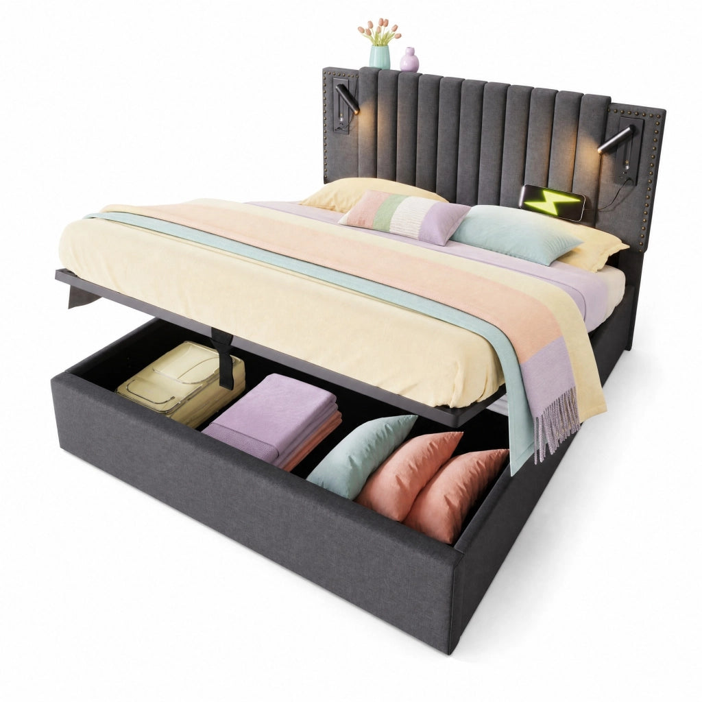 Letto matrimoniale 160x200 cm con contenitore; testiera regolabile in cotone grigio; luci e USB