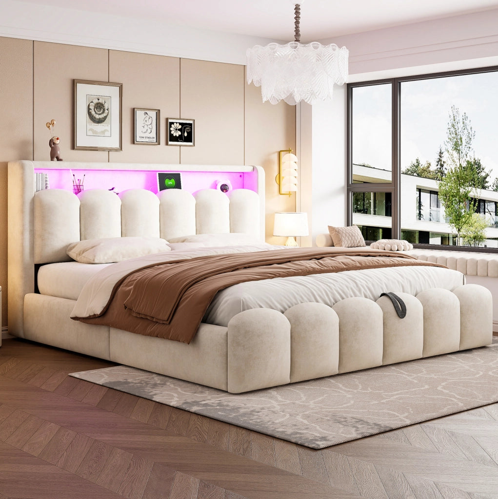 Letto imbottito beige 180 x 200 cm con contenitore, LED e prese