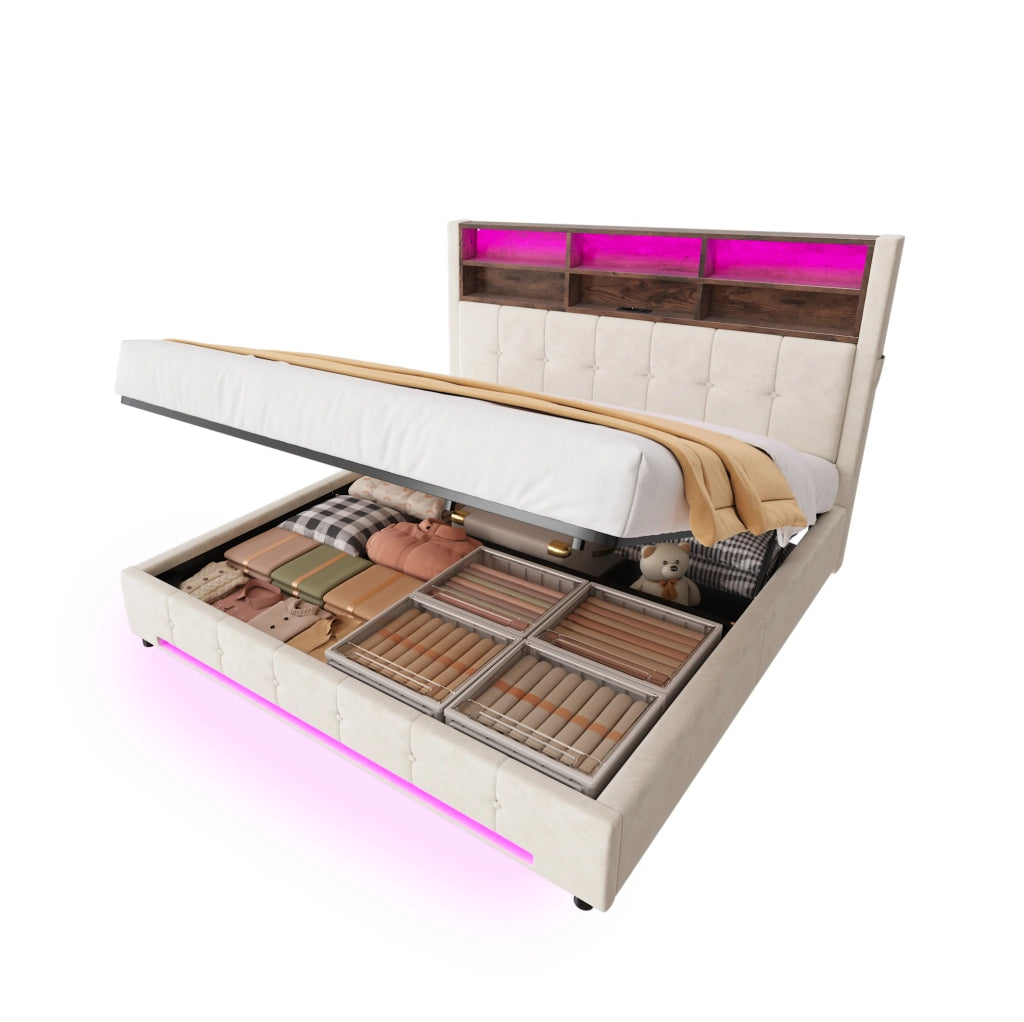 Letto imbottito 180x200 cm con contenitore; LED e USB-C in velluto beige