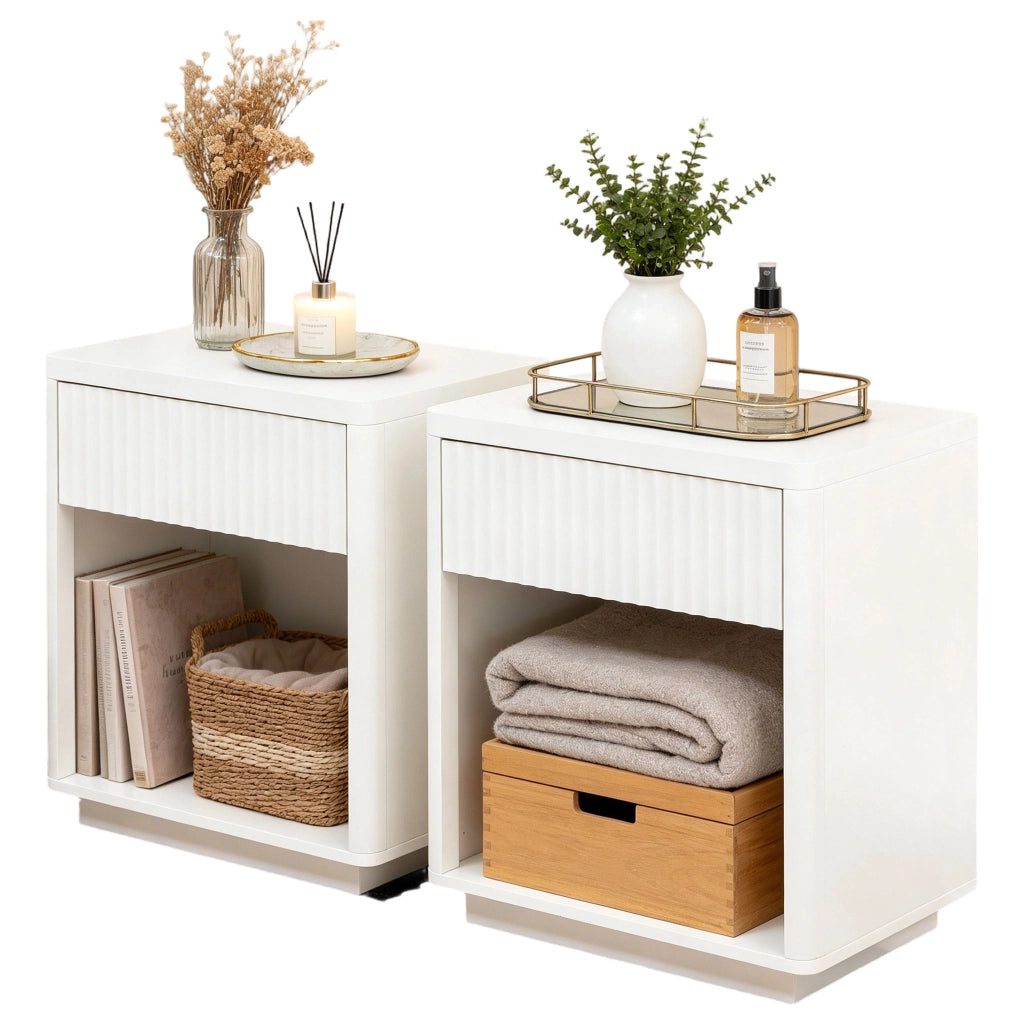 Comodino moderno con cassetto e ripiano aperto, design a onde, in MDF bianco