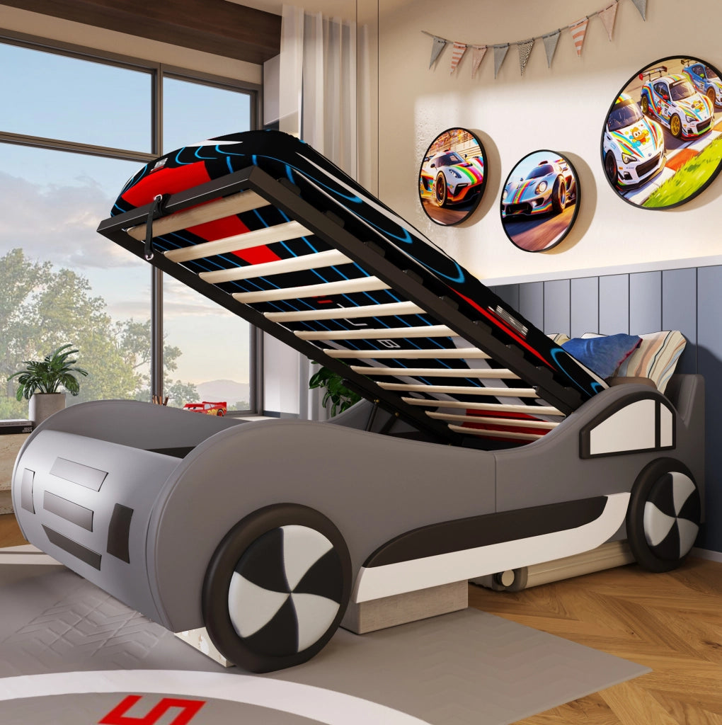 Letto per bambini a forma di auto 90x200 cm con rete a doghe e vano idraulico; grigio