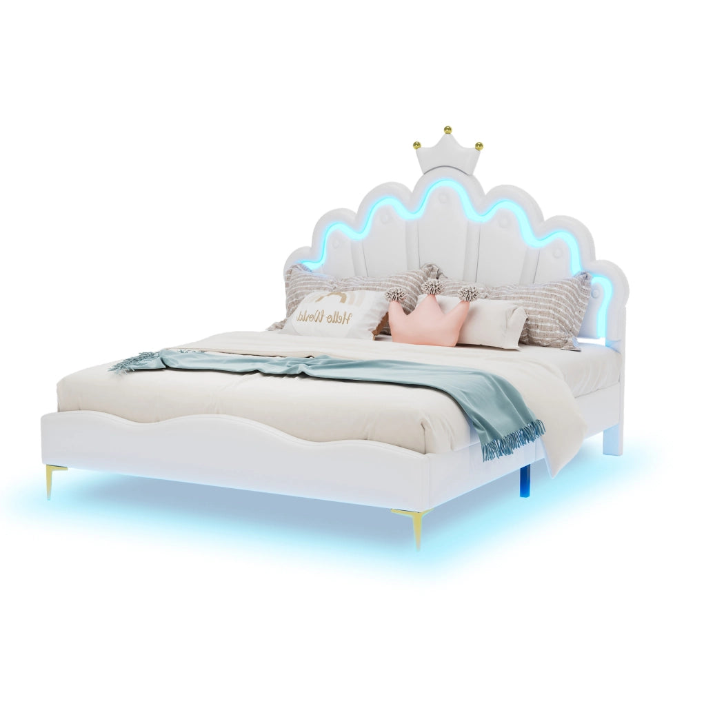 Letto matrimoniale 140x200 cm; testiera a nuvola con corona e LED; PU e MDF; bianco