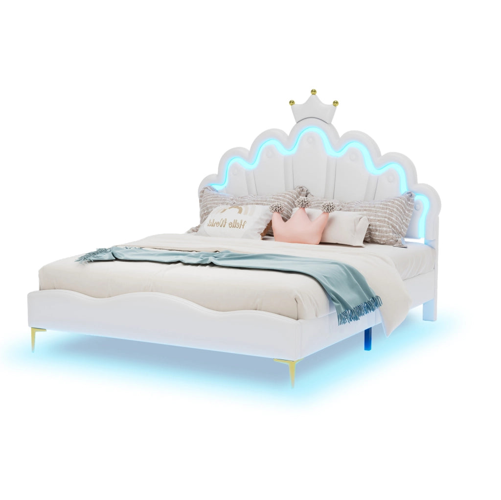 Letto matrimoniale 140x200 cm; testiera a nuvola con corona e LED; PU e MDF; bianco