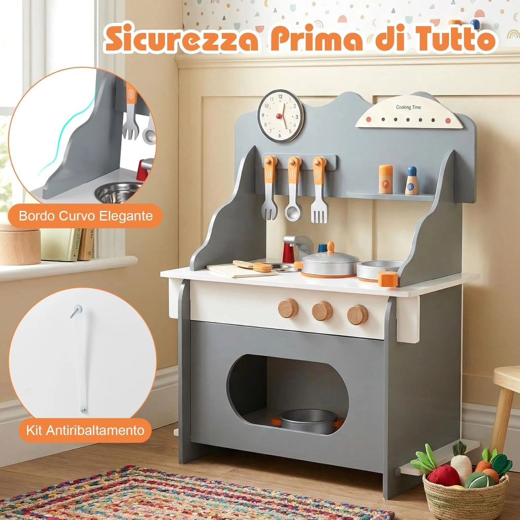 Cucina Giocattolo in Legno per Bambini, Set Gioco di Finzione con Orologio, Fornello, Porta Spezie e Accessori Completi, per Bambini 3+ Anni, 52 x 29,5 x 71 cm (Grigio + Bianco)