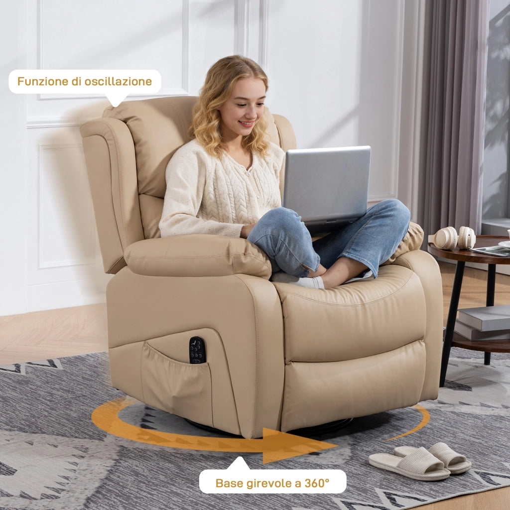 Poltrona Relax Reclinabile 87x97X100 cm con 8 Punti Massaggianti Riscaldanti e Poggiapiedi Beige