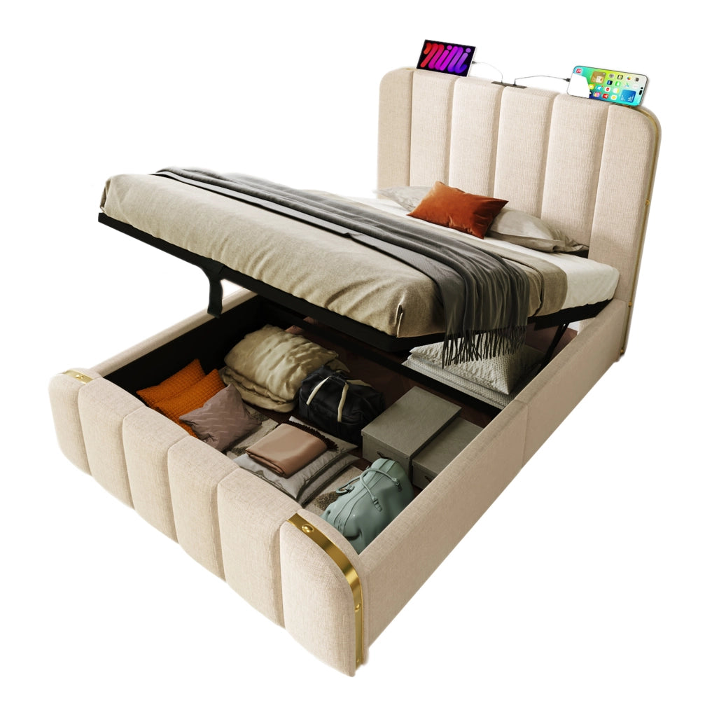 Letto singolo imbottito 90x200 cm in lino beige con contenitore; USB e tipo C; con materasso