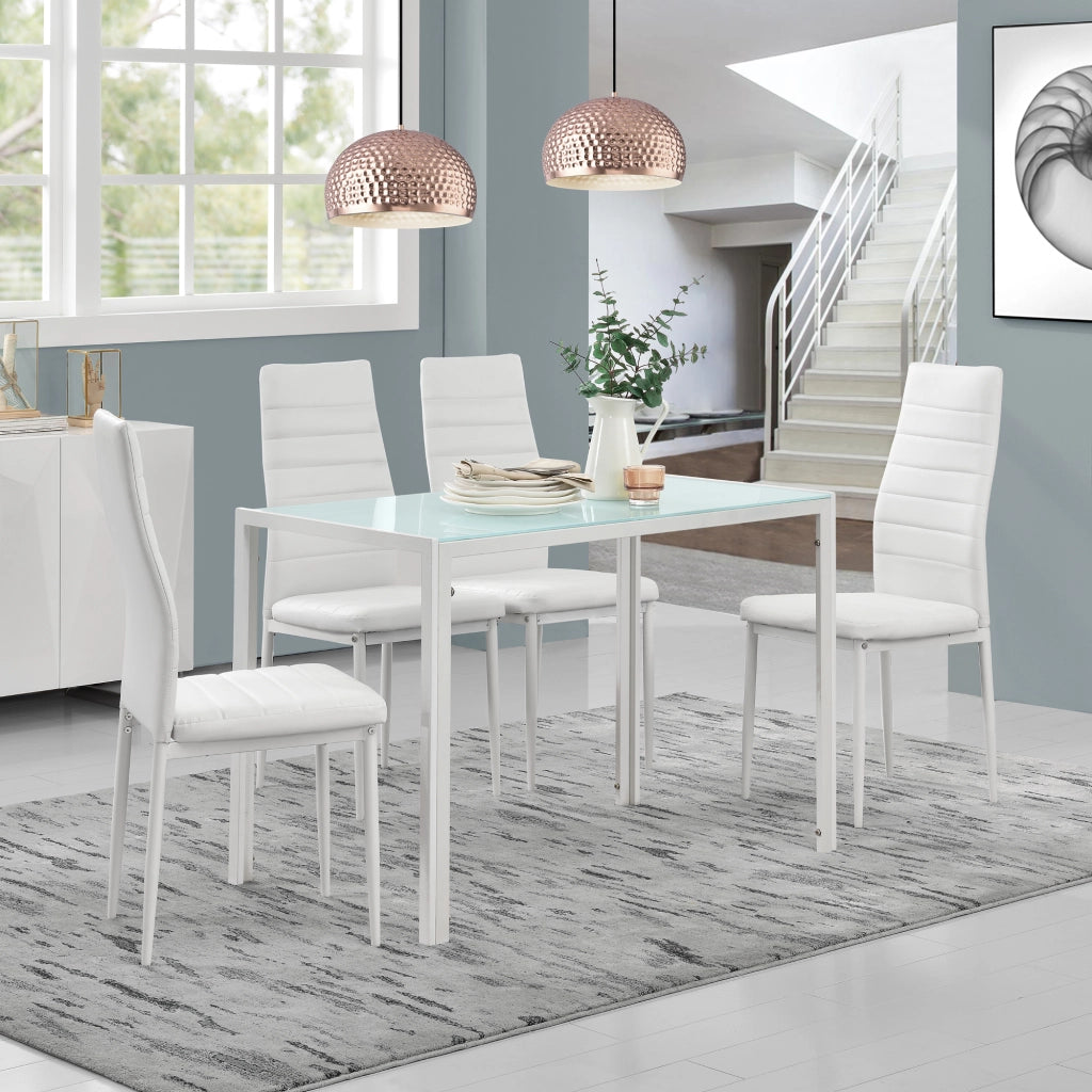 Set Tavolo da Pranzo con 4 Sedie Imbottite Schienale Alto Similpelle - Bianco [en.casa]