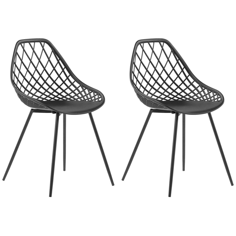 Set di 2 Sedie da Pranzo Seduta Sintetica Nera Gambe in Metallo Nero Schienale Net Design Moderno Scandinavo