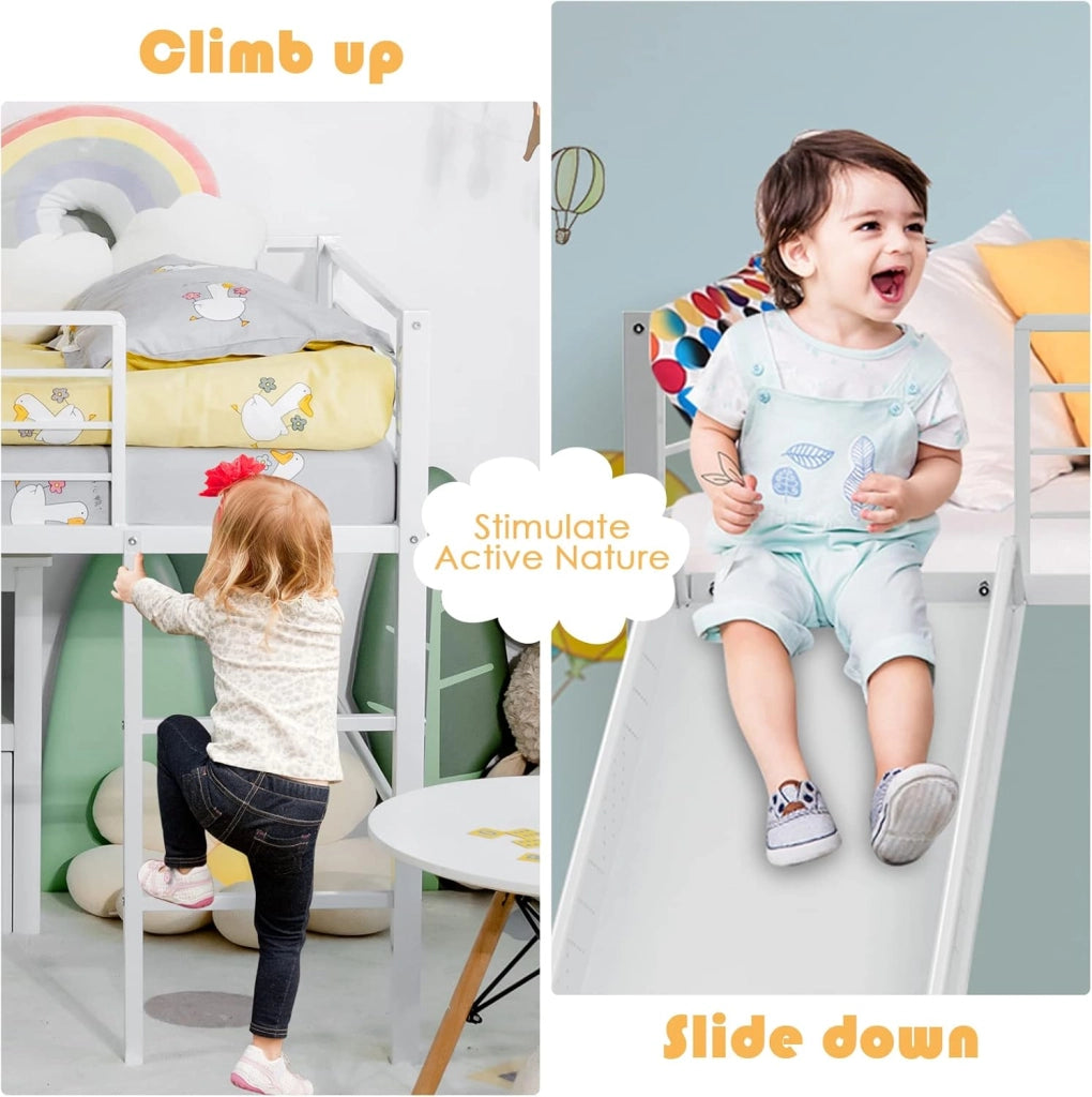 Letto a Soppalco per Bambini con Scivolo E Protezione Anticaduta e Scaletta, Struttura Letto in Metallo 96x198x109cm, Letto a Castello con Rete a Doghe, Fino a 150 kg (Bianco)