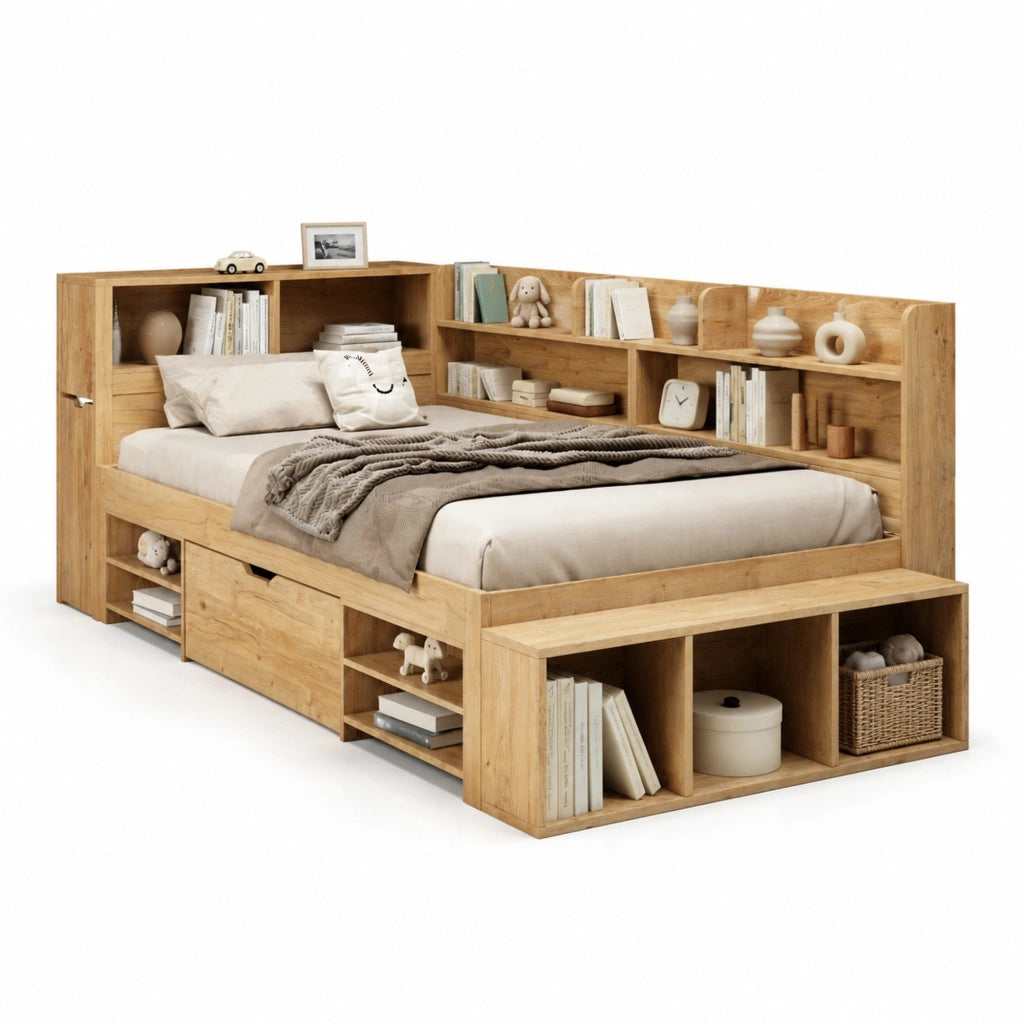 Letto bambini con contenitore 90x200 cm in legno naturale, con libreria e cassetti, senza materasso