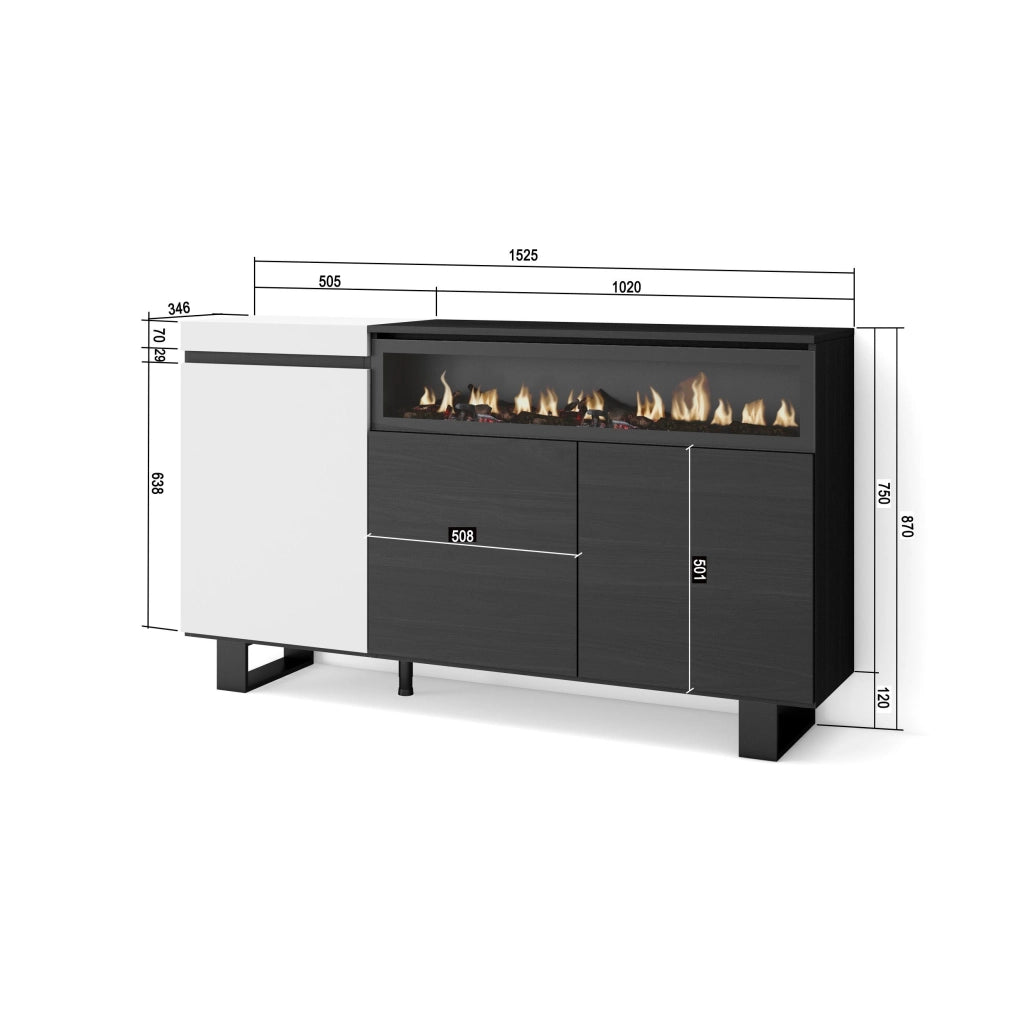 Credenza, Mobile, 150x35x87cm, 3 Porte, Camino elettrico, Design industriale, Bianco e nero RF2507
